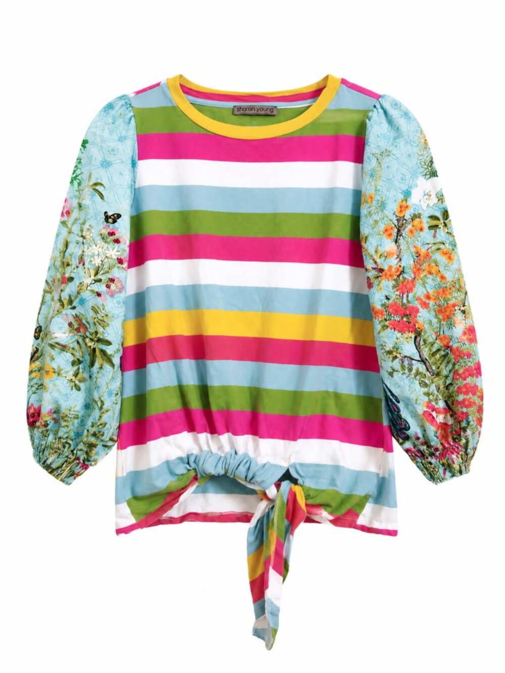 Sharon Young Colorful Stripe Floral Sleeve Tie Front Top Women’s L/XL Boho